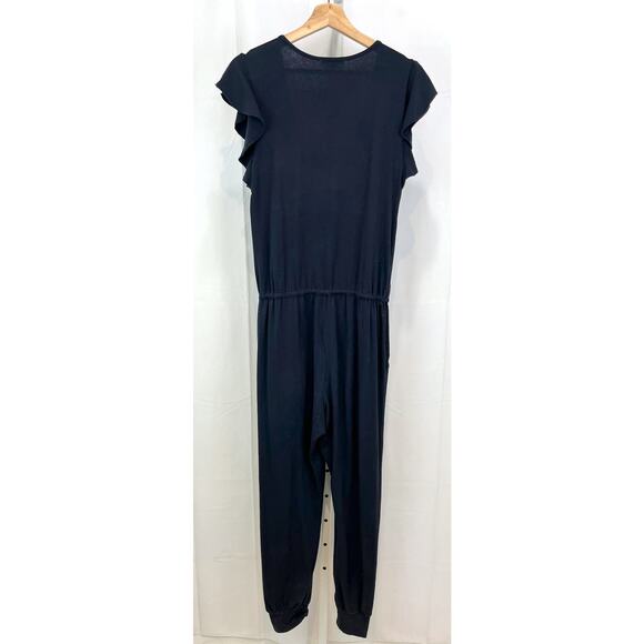 SUNDRY Size 2 M Flutter Sleeve Jumpsuit Surplice V-Neck Jogger Hem Navy Blue - Picture 3 of 9